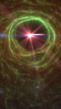 Green digital network vortex with glowing mesh lines, central red flare, an.. Stock Illustration
