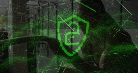 Green digital overlay is animating over gym racks near windows, changing shield Stock Footage 330713473