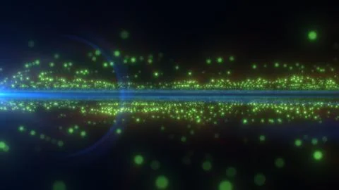 Green digital particle field with mirrored light reflection, glowing bokeh .. Stock Illustration
