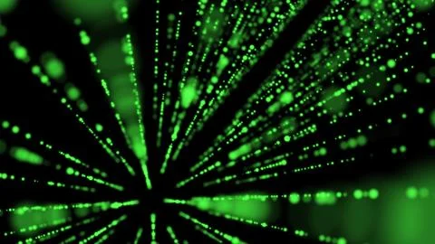 Green digital particles shooting toward the viewer, forming a starburst effec Stock Illustration
