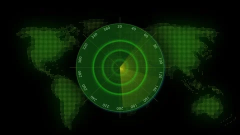 Green Digital Radar Screen with Pixelated World Map and Concentric Circles .. Stock Footage 330347621