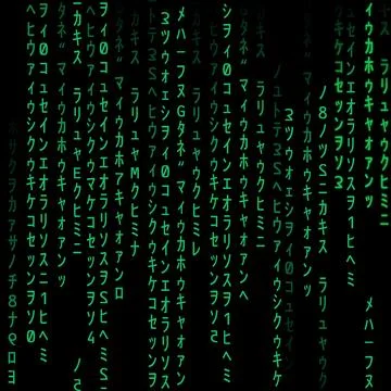 Green Digital Rain Code Background Japanese Characters on Black Иллюстрация
