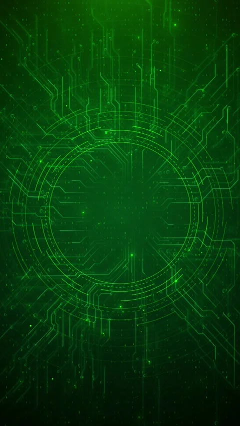 Green digital technology interface visual circuit lines, circular scan rings, co Stock Footage 340409689
