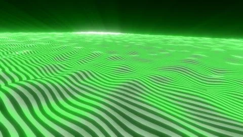 Green digital wave field with dark red horizon, glowing striped terrain, an.. Illustrazione stock