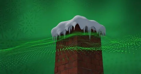 Green digital wave over snow covered brick wall chimney against snowflakes on Stock Illustration