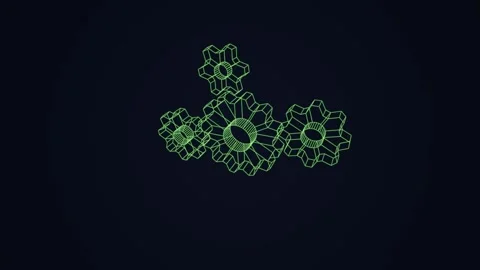 Green digital wireframe gear mechanism rotating in infinite loop on dark ba.. Video stock 342431491