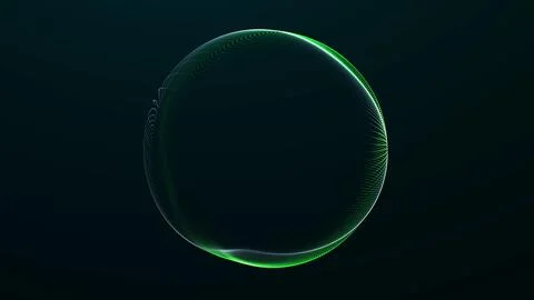 Green digital wireframe sphere with glowing curved lines on a dark futurist.. Stock Illustration