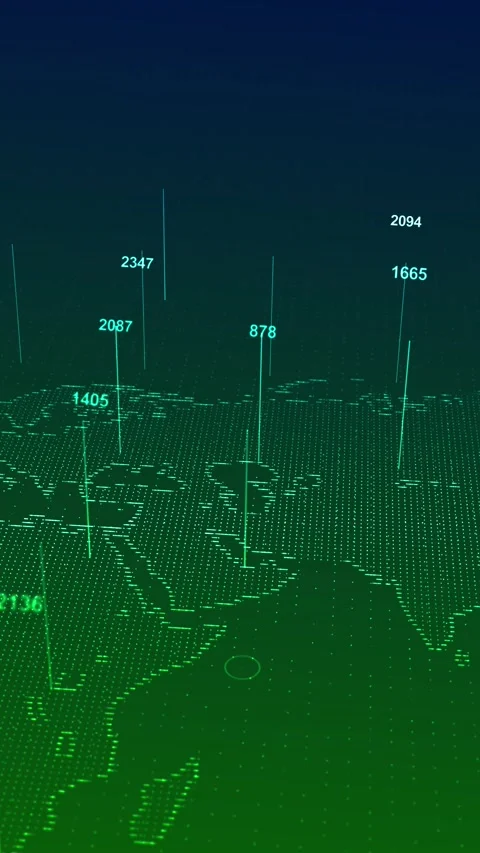 Green digital world map background dotted continents, glowing location numbers, Stock Footage 340549806