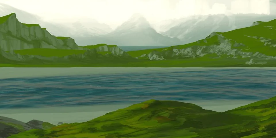 Green digitally painted remote landscape. Stock Illustration