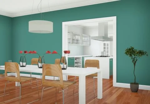 Green dining room interior design in modern appartment Stock Illustration