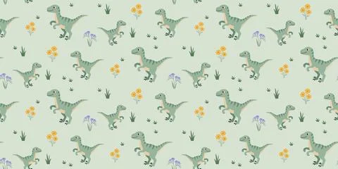 Green dinosaur pattern with orange flowers and leaves on light background Stock Illustration