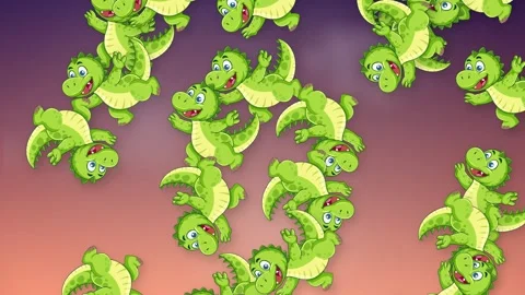 Green Dinosaurs Falling Against a Purple and Orange Gradient Background Stock Footage 342210094