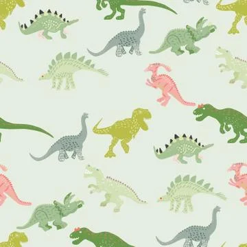 Green dinosaurs seamless pattern on light green background Stock Illustration