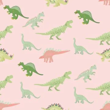 Green dinosaurs seamless pattern on pink background Stock Illustration