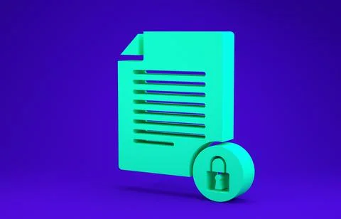 Green Document and lock icon isolated on blue background. File format and pad Illustrazione stock