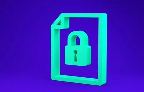 Green Document and lock icon isolated on blue background. File format and pad Illustrazione stock