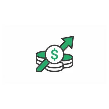 Green dollar coin stack with an upward growth arrow icon Stock Illustration