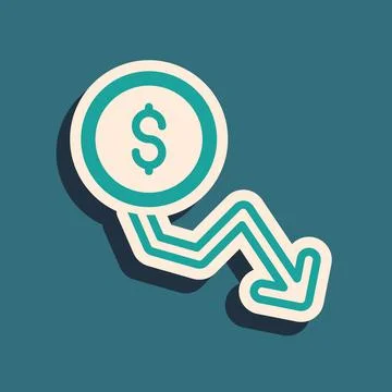 Green Dollar rate decrease icon isolated on green background. Cost reduction Illustrazione stock