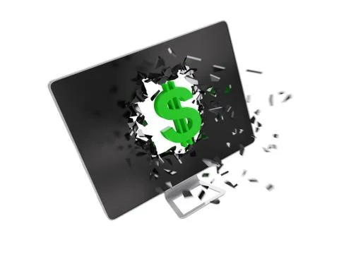 Green dollar sign destroy computer screen. Stock Illustration
