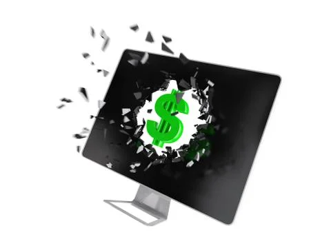 Green dollar sign destroy computer screen. Stock Illustration