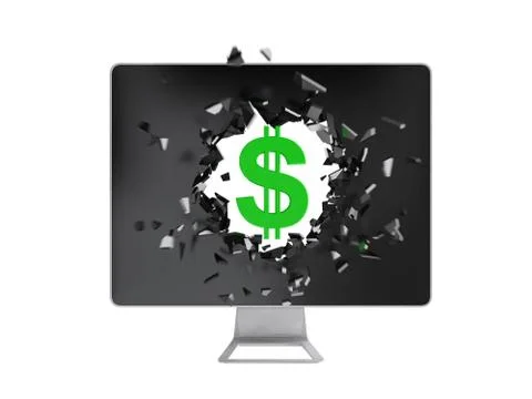 Green dollar sign destroy computer screen. Stock Illustration