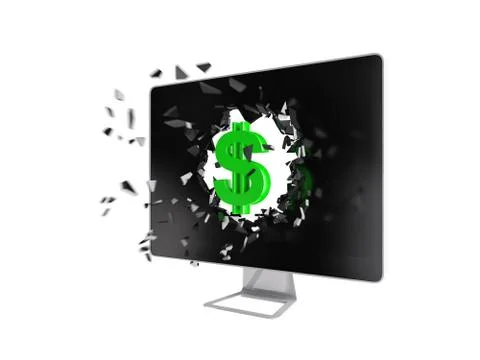 Green dollar sign destroy computer screen. Stock Illustration