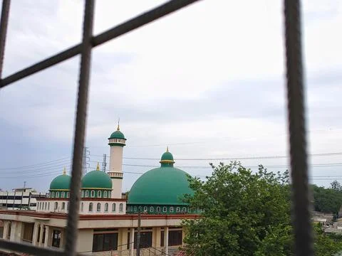 Green dome mosque viewed through blurred metal window bars. Fotos Stock