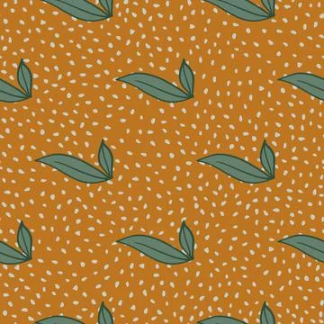 Green doodle simple style leaf seamless pattern. Orange dark background. Crea Illustrazione stock
