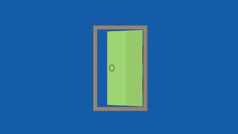 Green door opening and closing animation on blue background for video compositin Stock Footage 332673598