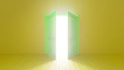 Green door opening to bright light in yellow room Stock Footage 310791912