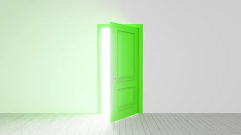 Green door opening to bright light in empty room Stock Illustration