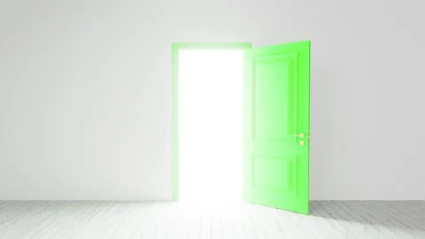 Green door opening to bright light in white room Ilustración de archivo