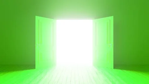 Green door opening to bright light in empty room Ilustración de archivo