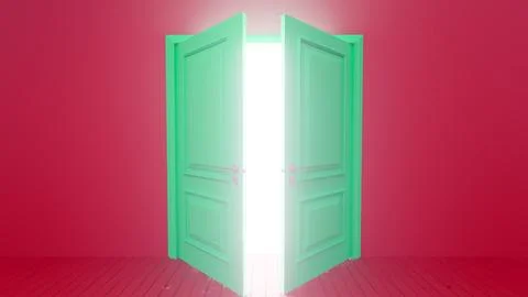Green door opening to bright light in red room Ilustração Stock