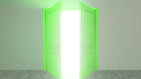 Green door opening to bright white light Stock Footage 310791615