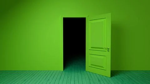 Green door opening into darkness in empty room Stock Illustration