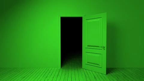 Green door opening into darkness in empty room Stock Illustration