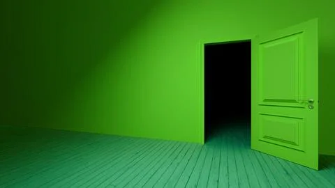 Green door opening into darkness in empty room Stock Illustration