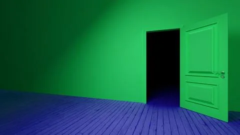 Green door opening into darkness in empty room with blue floor Stock Illustration