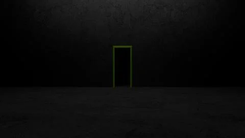 Green door opening into darkness in empty room Stock Illustration