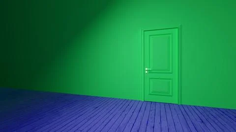 Green door opening to new possibilities in empty room Stock Illustration