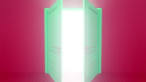 Green door opening on white background Stock Footage 310791834