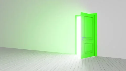 Green door opening on white background, revealing bright light Stock Footage 310792149