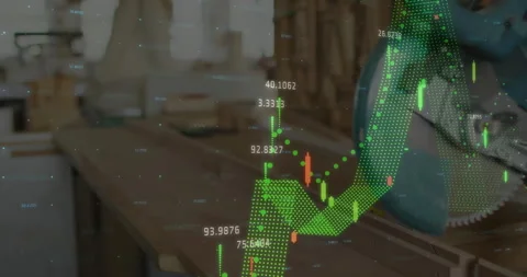 Green dot matrix arrow rising over blurred workbench showing candlestick chart Stock Footage 307462338