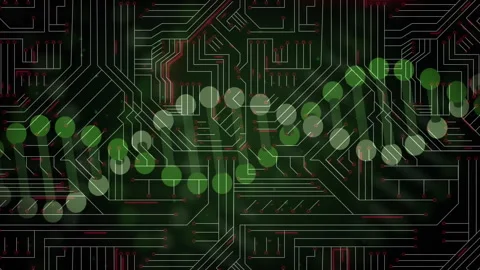 Green dots and lines forming abstract circuit board pattern design in animation Stock Footage 304088357