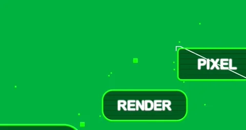 Green dots emerging lower-left, neon UI forming RENDER PIXEL, revealing panel on Stock Footage 327338840