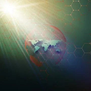 Green dotted world globe, connecting lines and dots on dark color background Illustrazione stock
