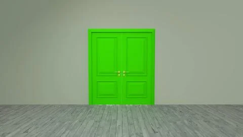 Green double door opening into empty room with wooden floor Stock Illustration