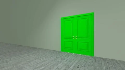 Green double door opening into empty room with wooden floor Stock Illustration