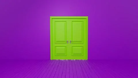 Green double door standing out against purple wall and floor Stock Illustration